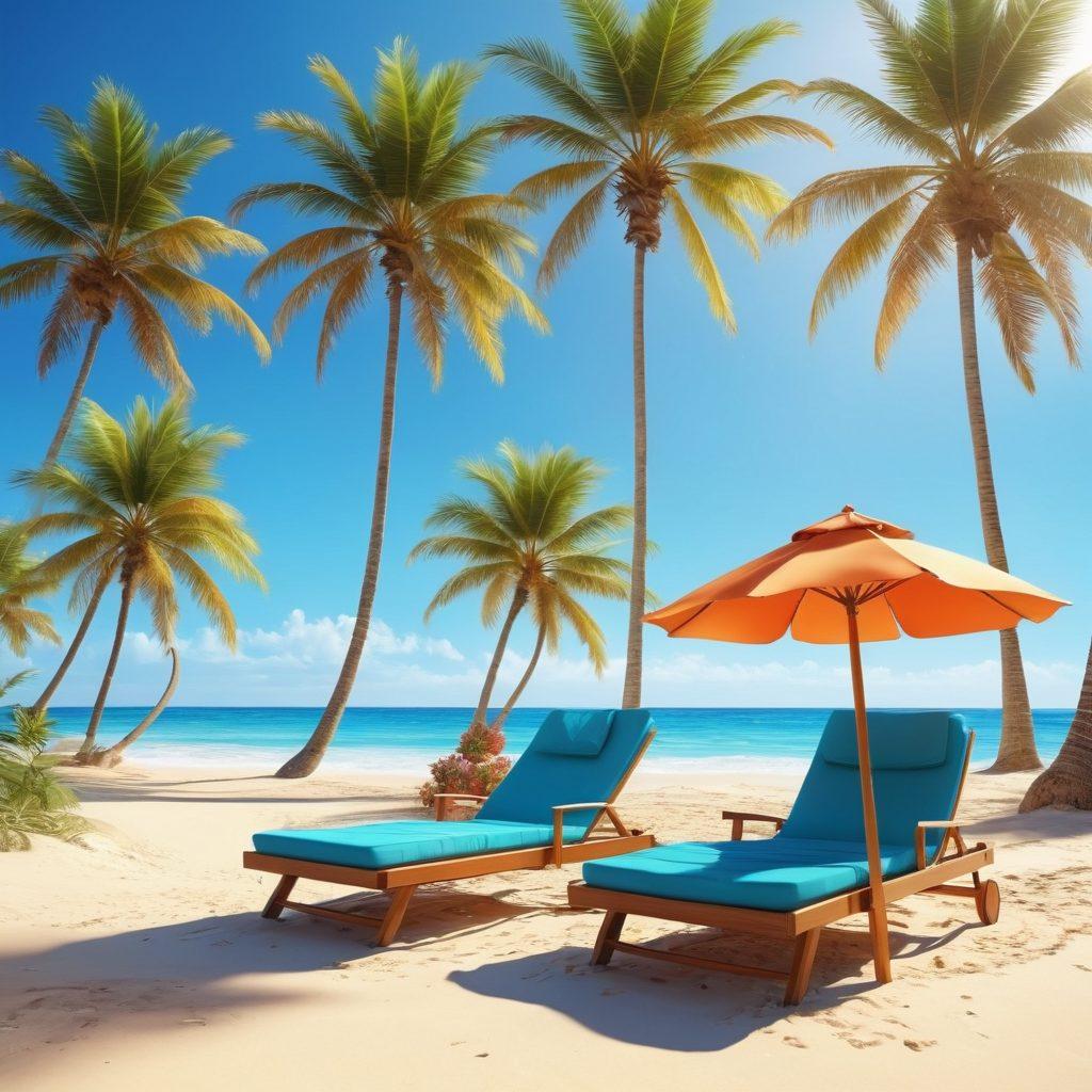 A vibrant beach scene with colorful sandy shores, luxurious swimwear draped over beach loungers, and trendy accessories like stylish sunglasses and beach hats scattered around. Waves gently crashing in the background under a bright blue sky and palm trees swaying. The sun casting a warm golden glow, inviting and relaxing ambiance. super-realistic. vibrant colors. 3D.
